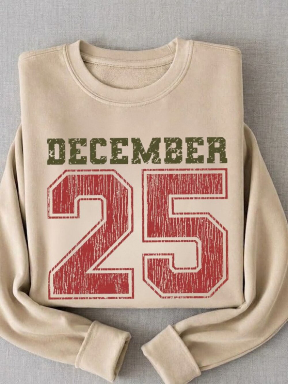 December 25 Christmas Varsity Retro Distressed Beige Crewneck Sweatshirt